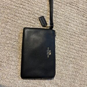 Coach Black Pebbled Leather Wristlet with Gold Hardware